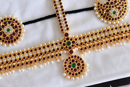 Gold tone precious kemp-green-white pearl maang head set with sun moon dj-52268