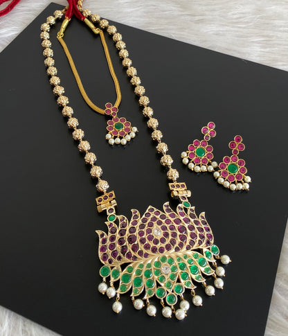 Gold tone precious kemp-green-white pearl lotus nakshi beaded combo set dj-54939