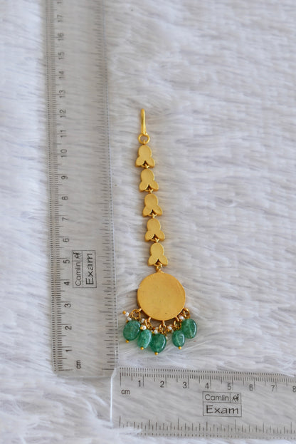 Gold tone pink-green kundan jadau green beaded round tikka dj-52500