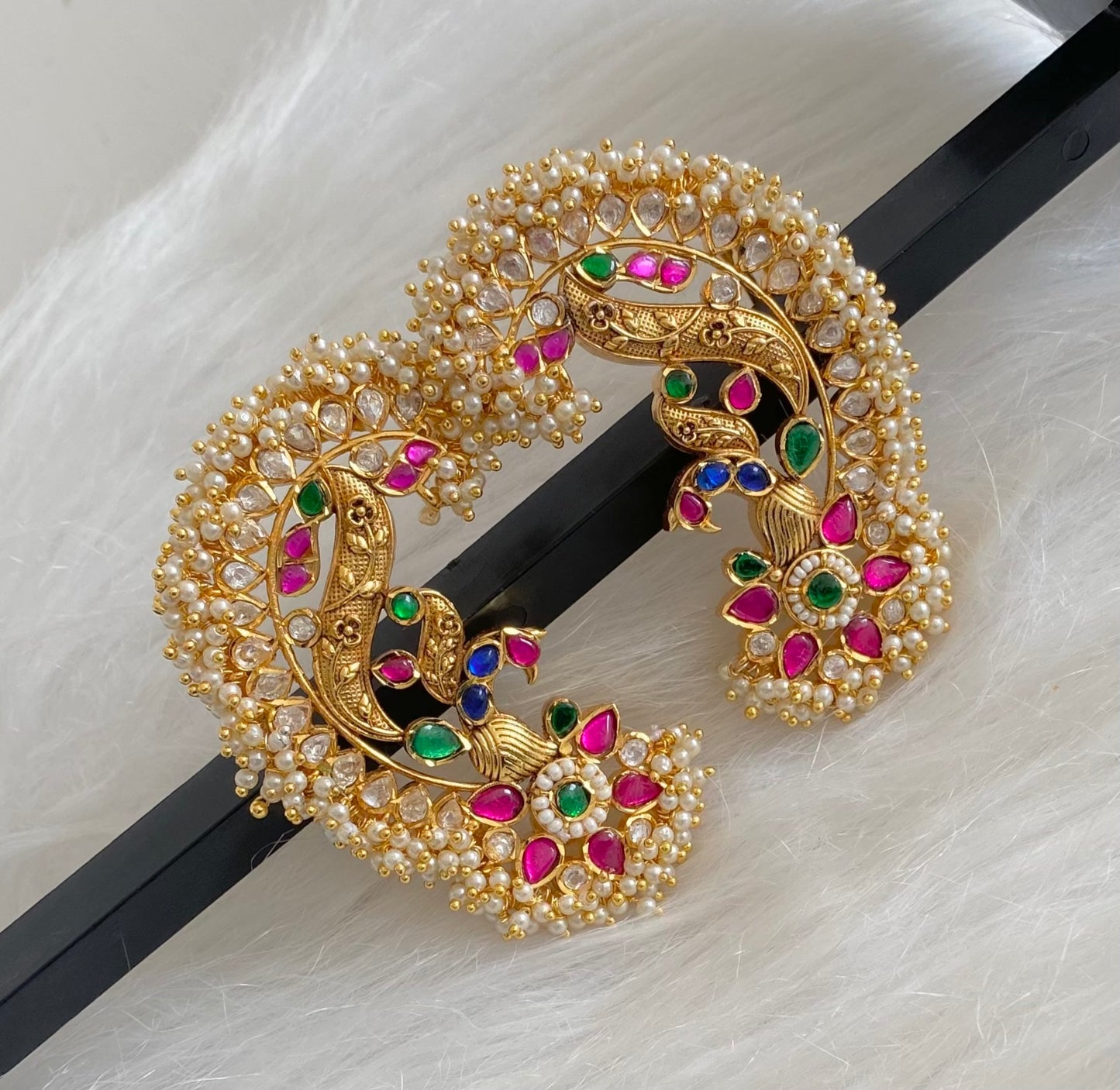 Gold tone pink-white-blue-green kundan jadau big peacock khanpool earrings dj-54570