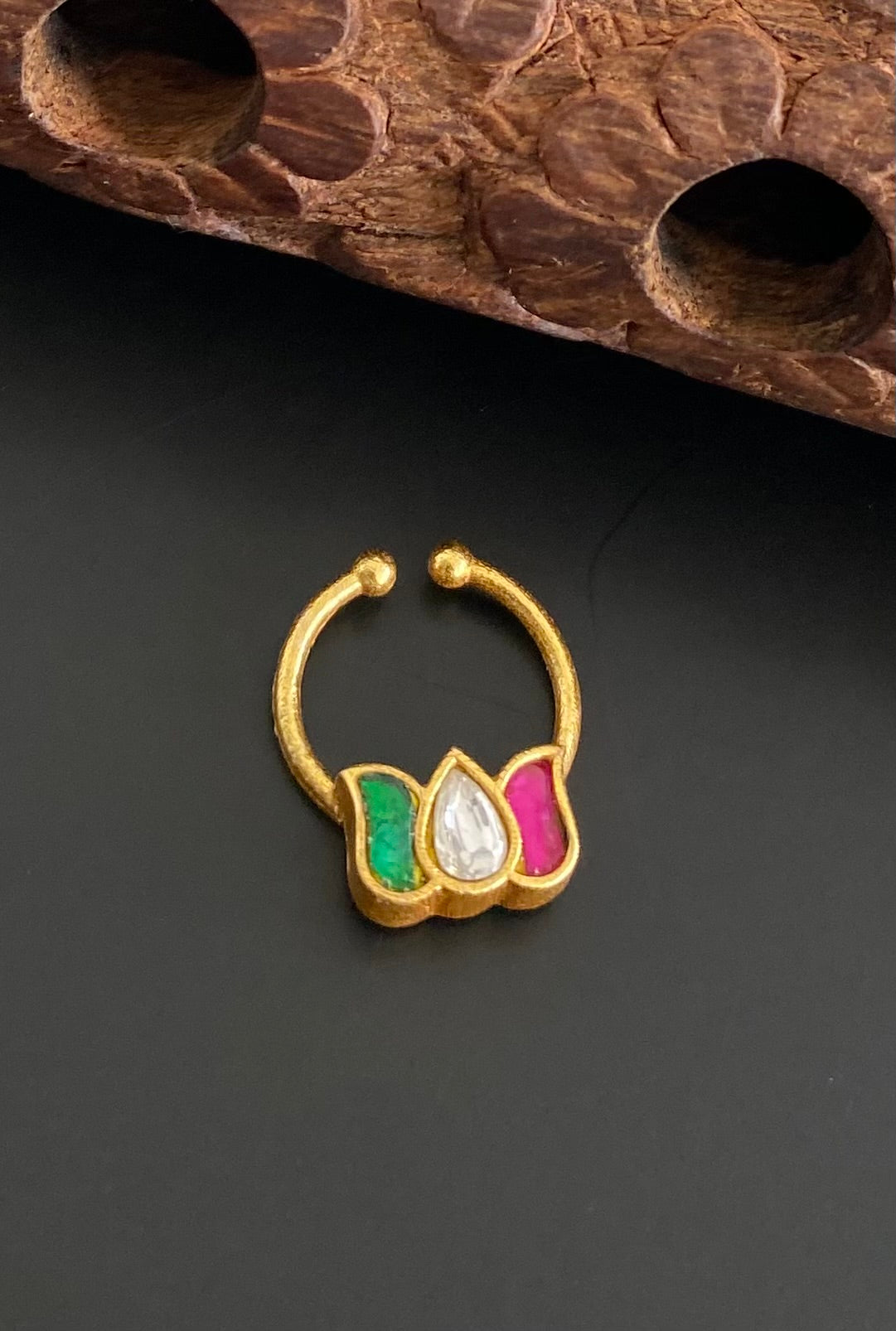 Gold tone kundan jadau pink-green-white stone lotus nose pin/bulakku dj-53752