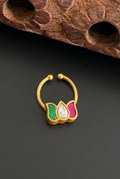 Gold tone kundan jadau pink-green-white stone lotus nose pin/bulakku dj-53752