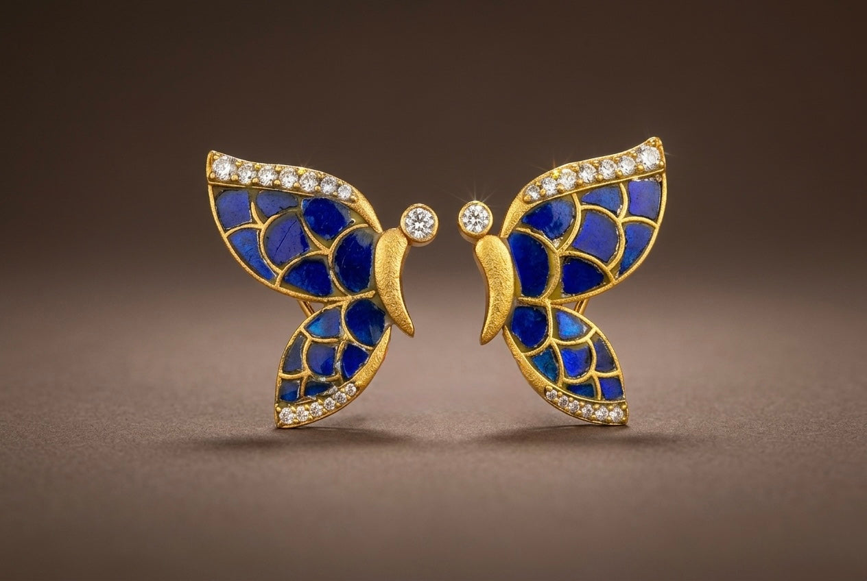 Gold tone blue-white kundan jadau butterfly earrings dj-53530