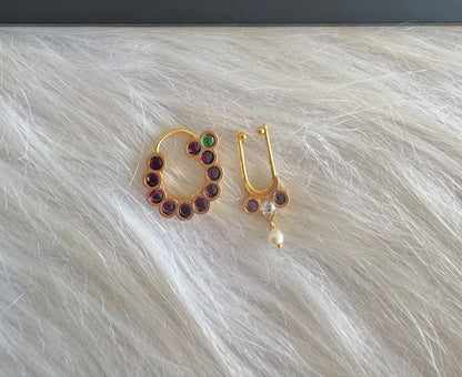 Gold tone precious kemp-green-white nathu-bulakku(nose pin) dj-51264