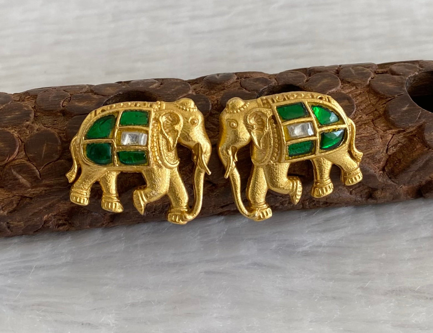 Gold tone green-white kundan jadau elephant earrings dj-53537