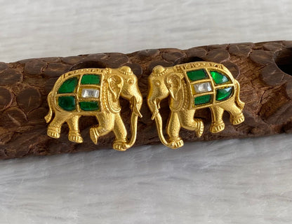 Gold tone green-white kundan jadau elephant earrings dj-53537