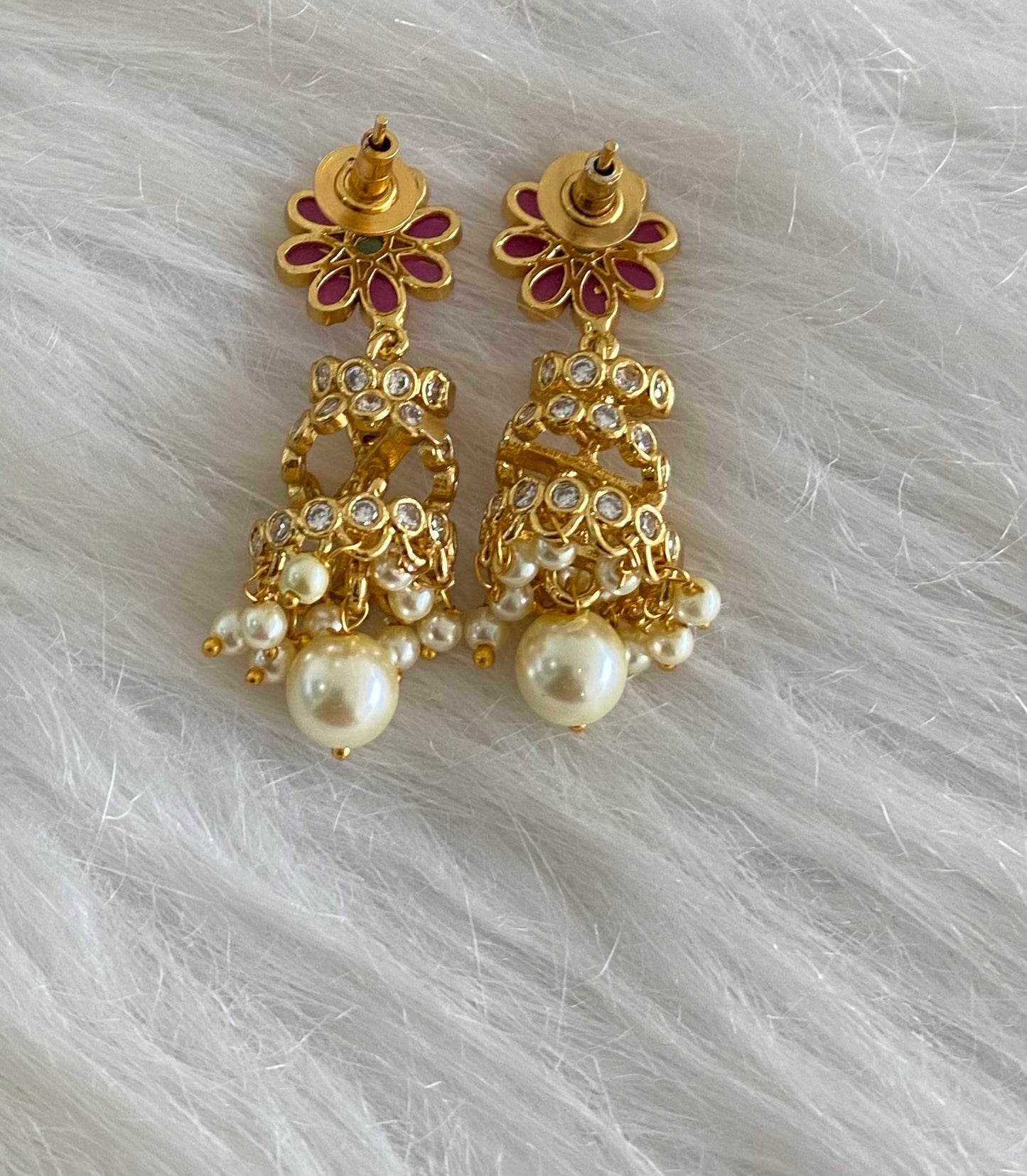 Antique gold tone kemp-green-white stone pearl step jhumkka dj-54630