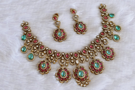 Antique gold tone cz pink-sea green flower necklace set dj-53030