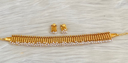 Gold tone kerala style elakka pink stone pearl choker necklace set dj-54104