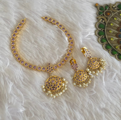 Gold tone AD lavender south Indian style attigai/necklace set dj-51485