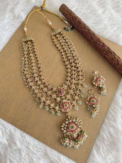 Antique gold tone cz pink-green kundan layer haar set dj-51559