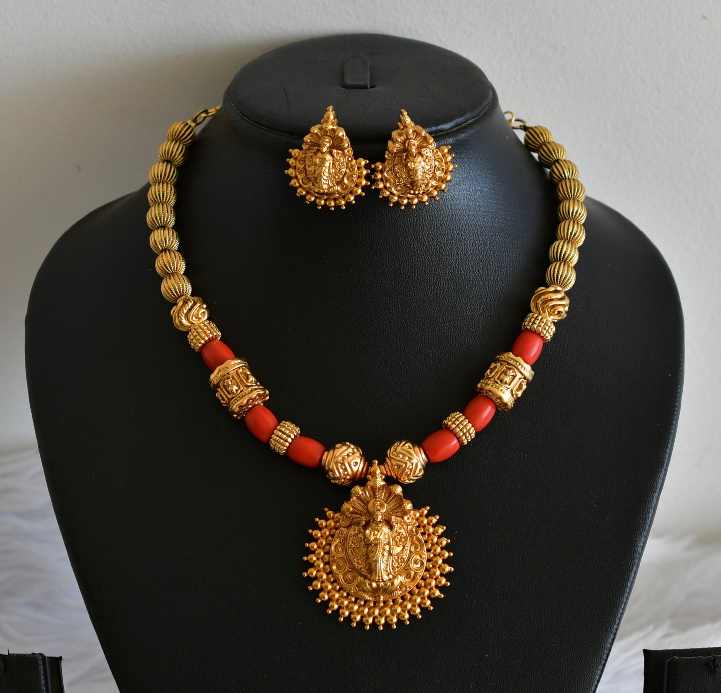 Matte finish coral beaded lakshmi necklace set dj-46499