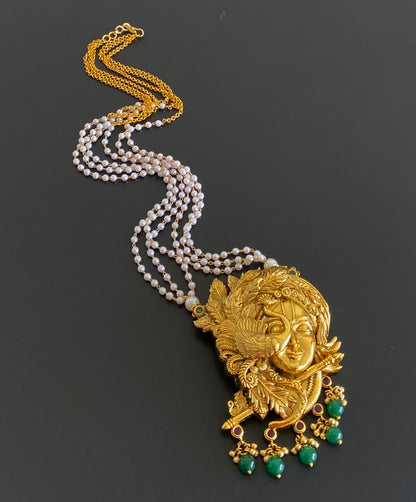 Antique gold tone shri krishna green beaded pearl mid/length haar dj-54759
