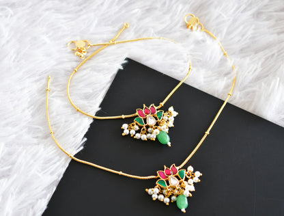 Gold tone pink-green-white lotus kundan jadau anklets dj-52398