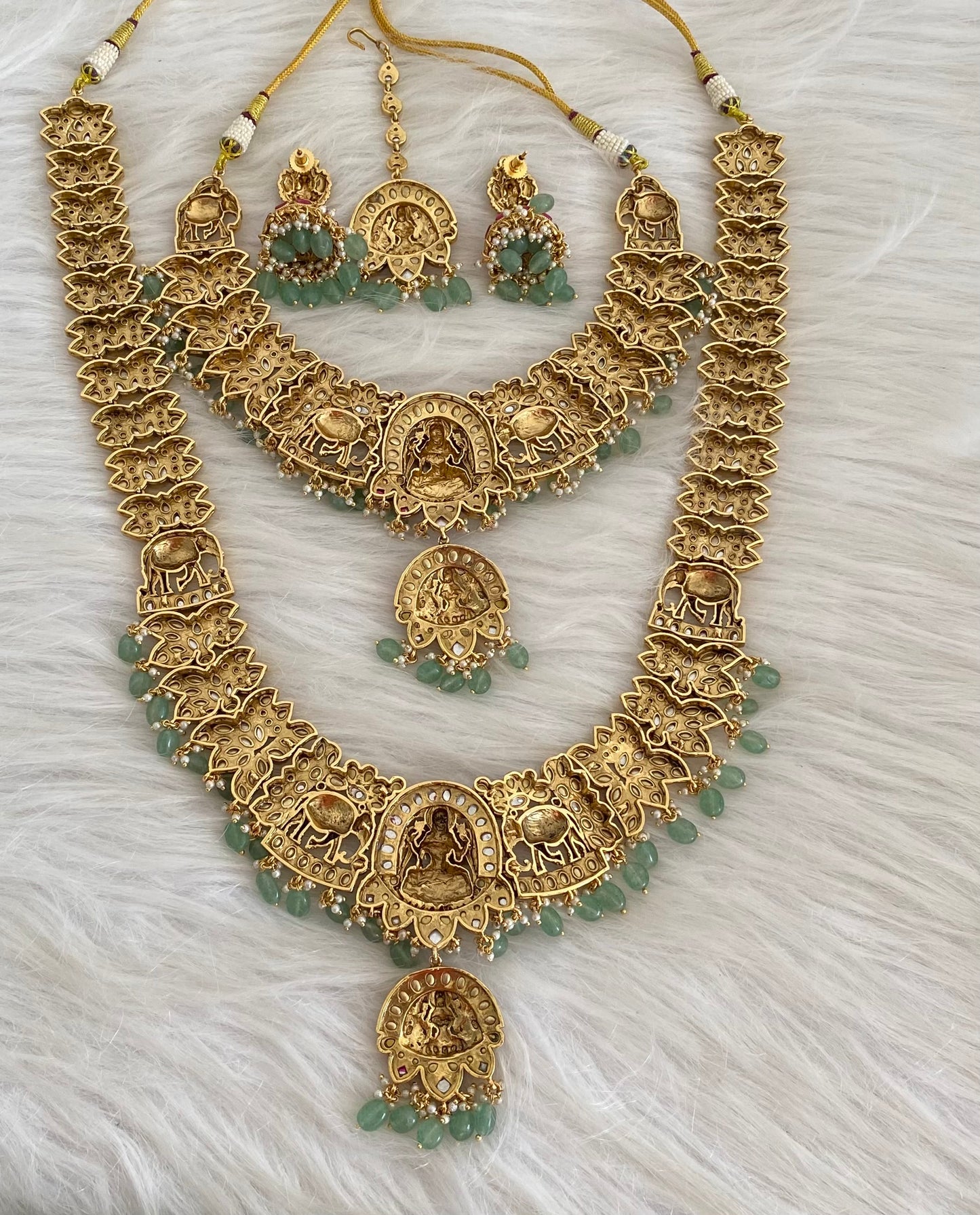 Antique gold tone kundan jadau gaja lakshmi green beaded bridal set dj-54564