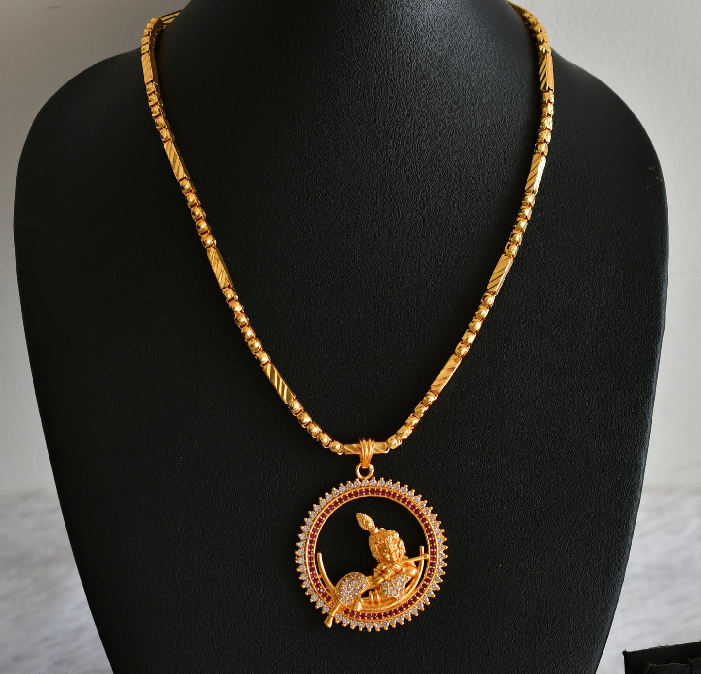 Gold tone 18 inches chain with ruby-white krishna round pendant dj-51919