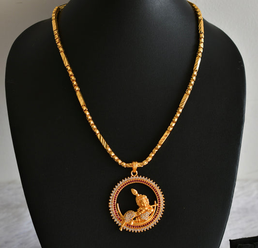 Gold tone 18 inches chain with ruby-white krishna round pendant dj-51919