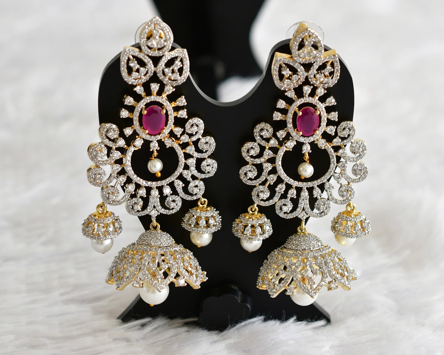 Two tone cz ruby pearl long bali jhumkka dj-51882