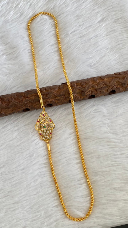 Gold tone ad white-ruby-green stone mugappu chain dj-53608