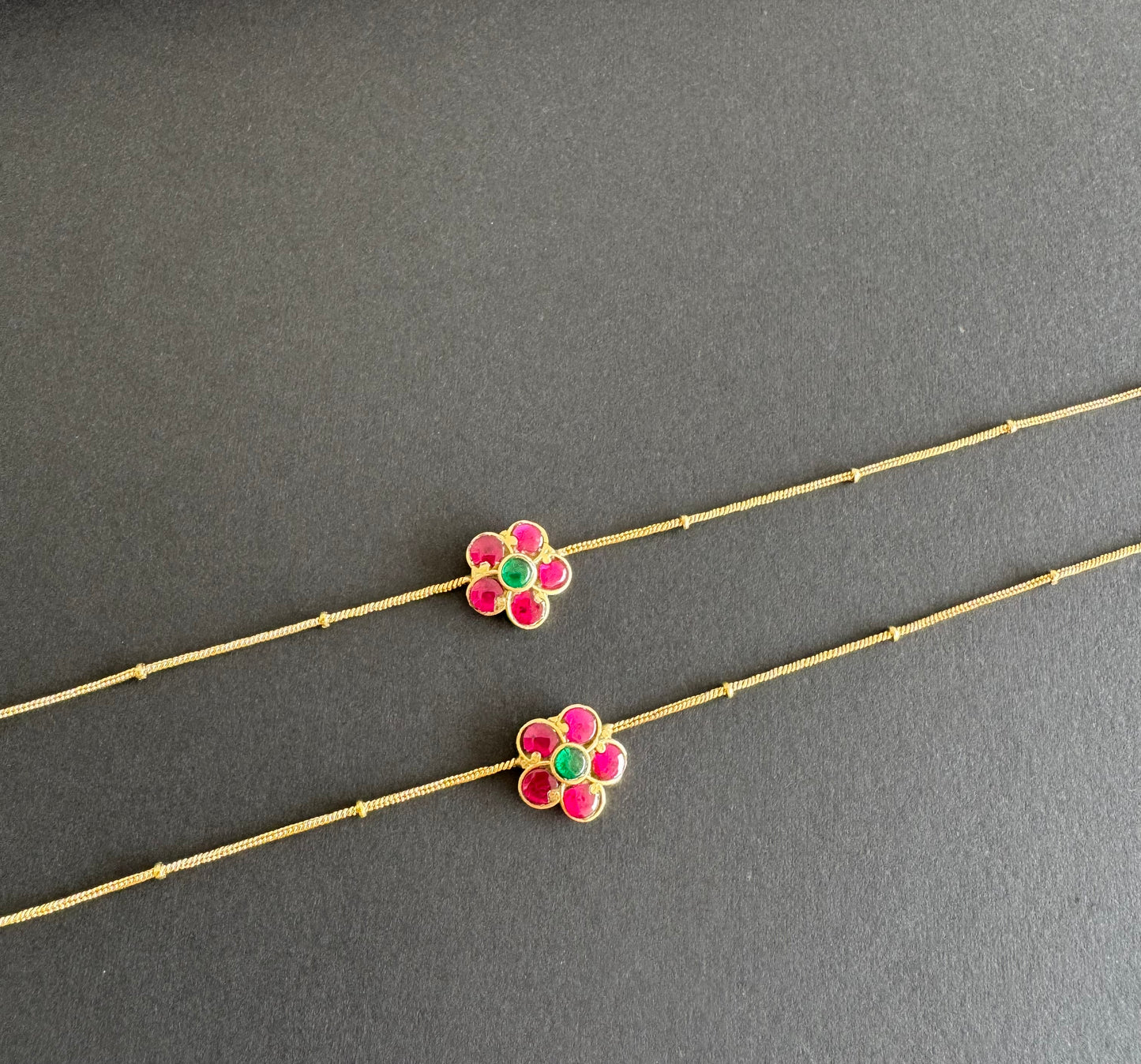 Gold tone pink-green flower kundan jadau anklets dj-51409