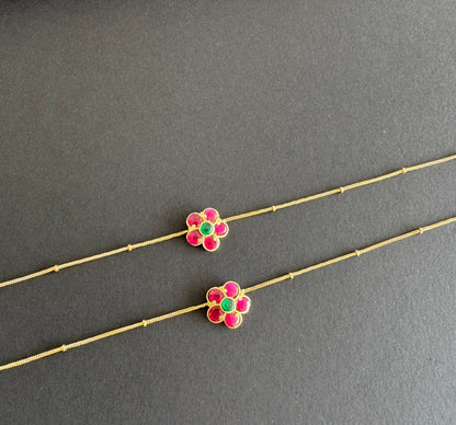 Gold tone pink-green flower kundan jadau anklets dj-51409