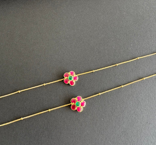 Gold tone pink-green flower kundan jadau anklets dj-51409