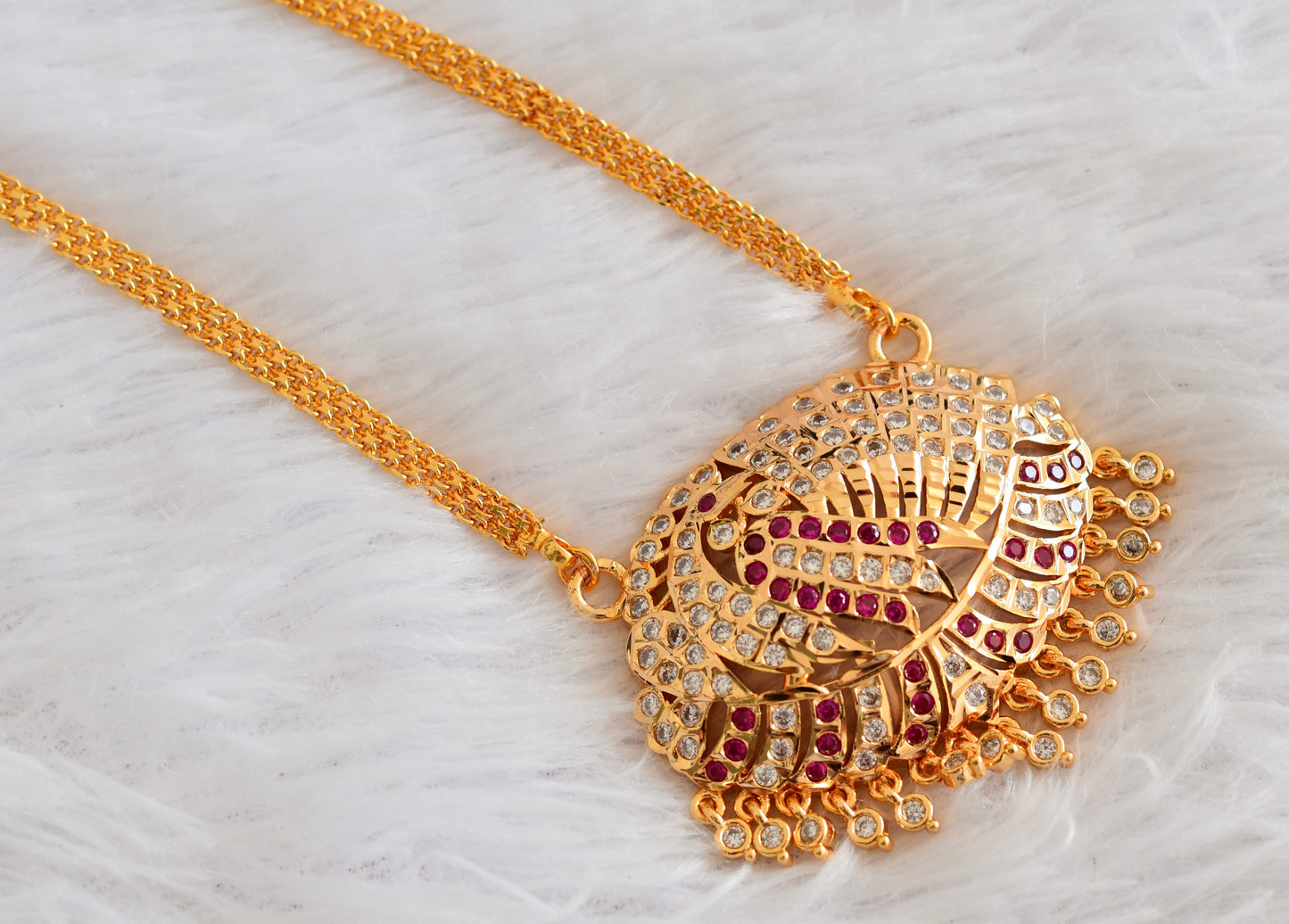 Gold tone AD pink-white peacock pendant with chain dj-53318