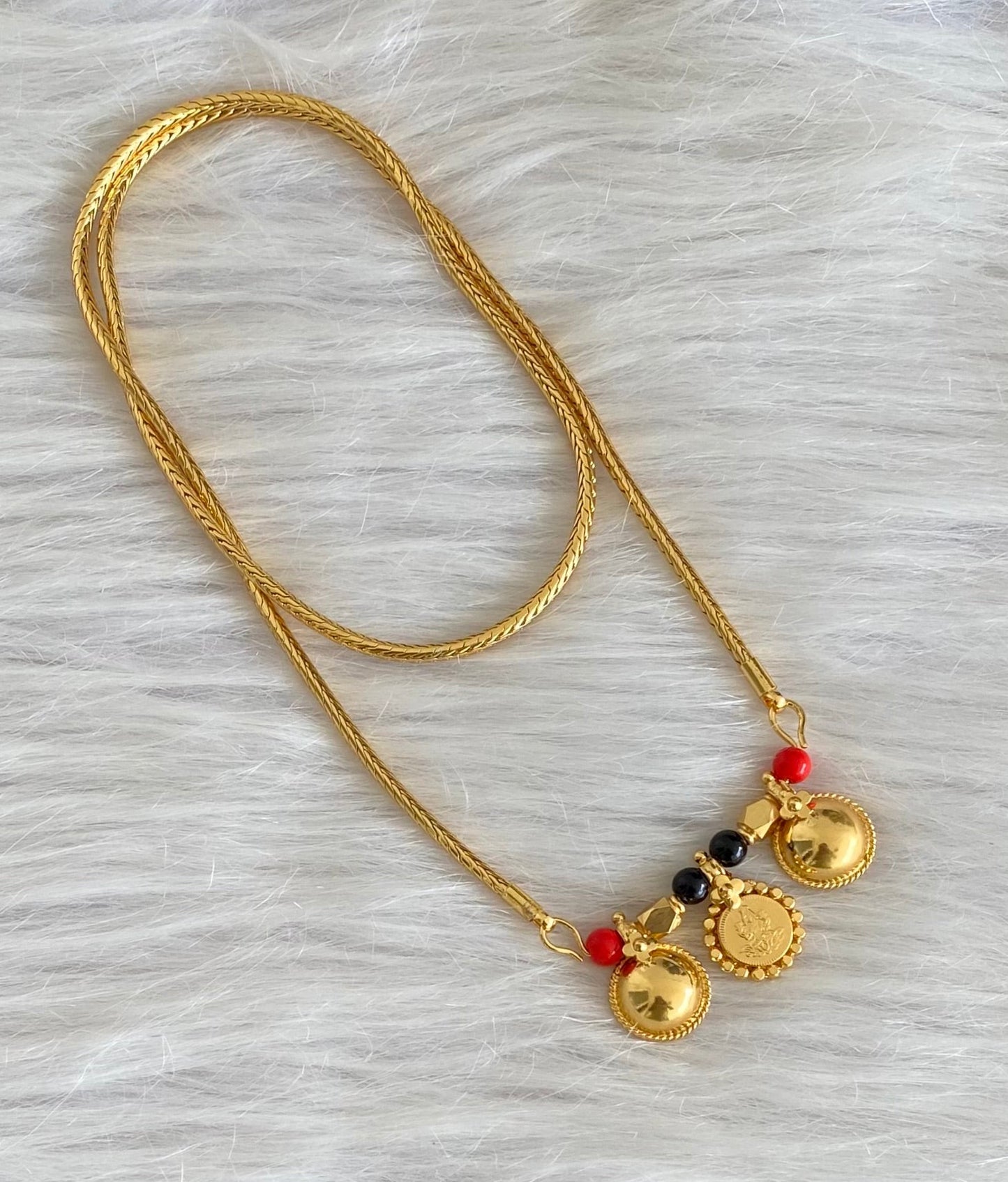 Gold tone 24 inches coral-black beads lakshmi coin bottu mangalyam dj-54111