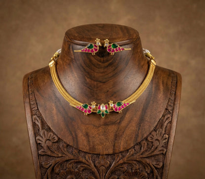 Gold tone pink-green kundan jadau lotus bird choker/necklace set dj-35015