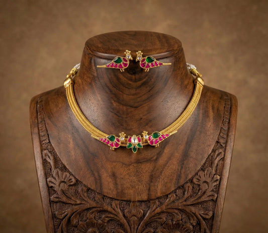 Gold tone pink-green kundan jadau lotus bird choker/necklace set dj-35015