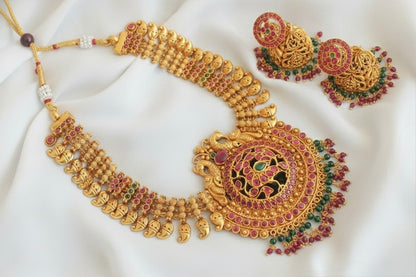 Matte Finish Ruby-emerald Peacock Necklace Set DJ25587