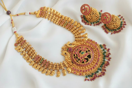 Matte Finish Ruby-emerald Peacock Necklace Set DJ25587