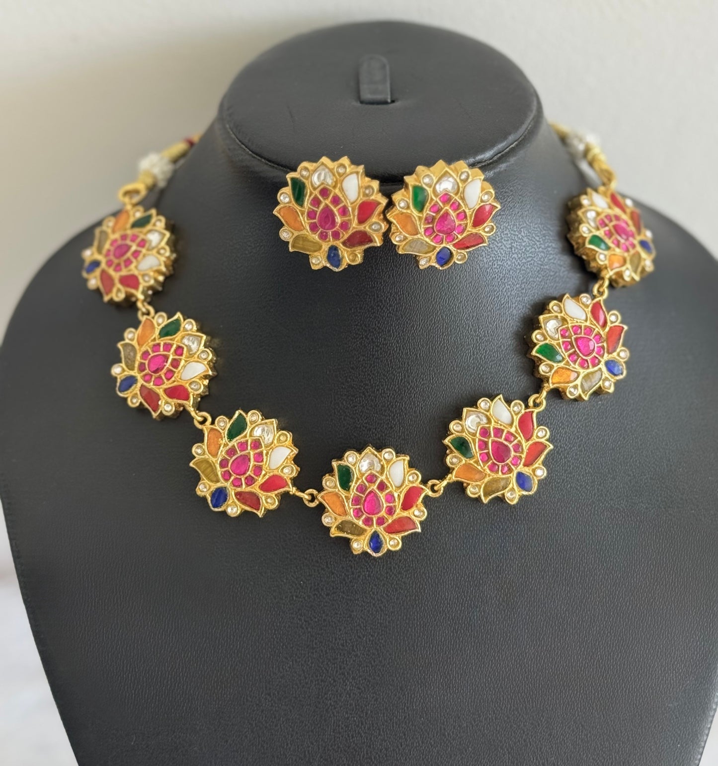 Gold tone navarathna kundan jadau lotus necklace set dj-51544