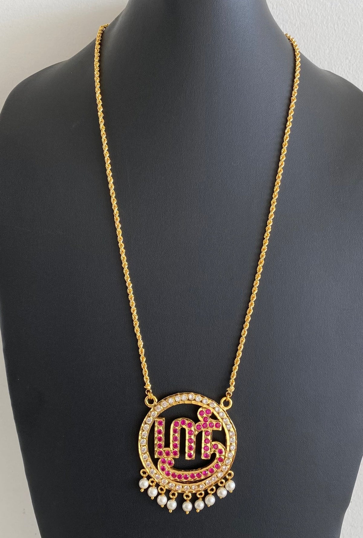 Gold tone 24 inches chain with AD pink tamil sree pendant dj-54694