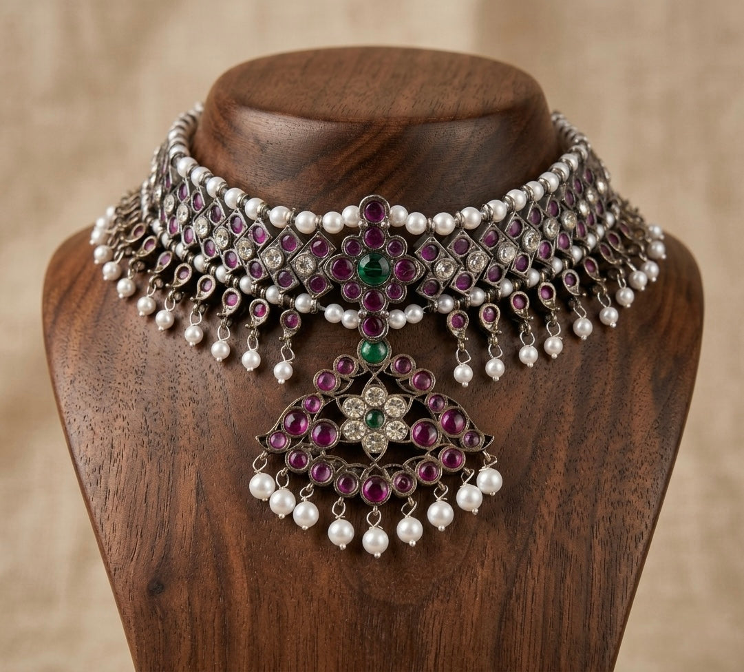 Black finish precious kemp-green-white pearl mango choker necklace dj-53245