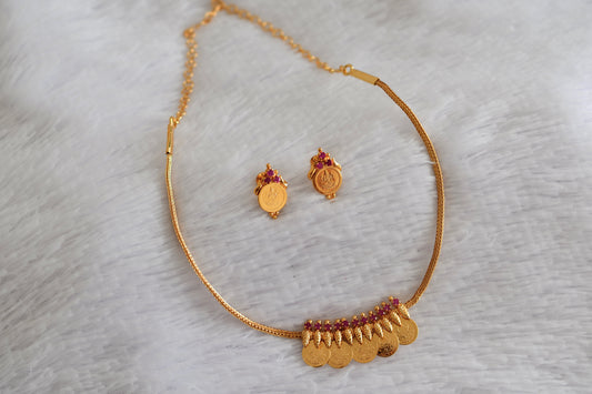 Gold tone kerala style ruby lakshmi coin necklace set dj-52682