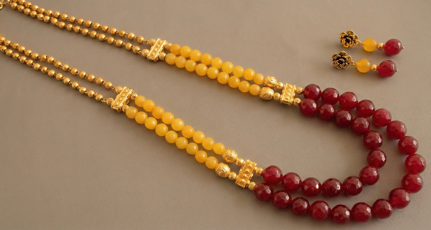 Antique gold tone yellow-maroon agate double layer necklace set DJ10634