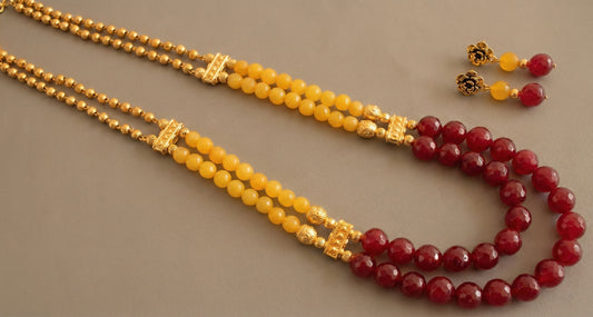 Antique gold tone yellow-maroon agate double layer necklace set DJ10634