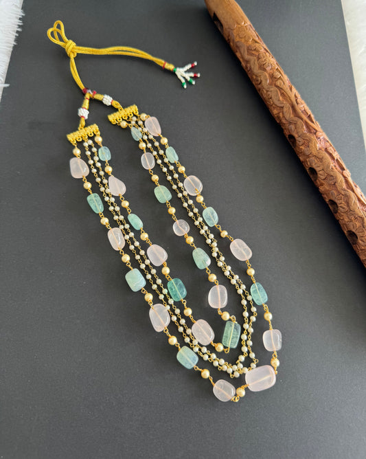 Antique gold tone baby pink Green Onyx Beaded Necklace Set Dj-51462