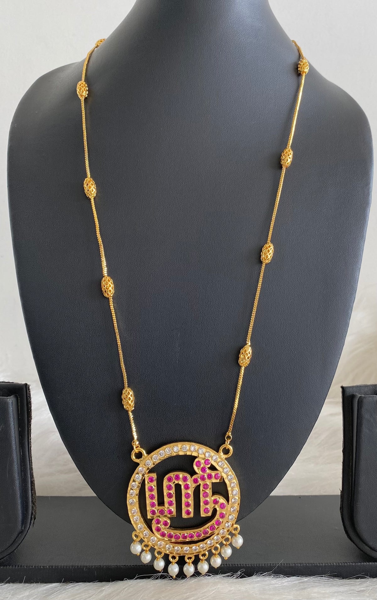 Gold tone 24 inches chain with AD pink tamil sree pendant dj-55184