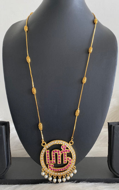 Gold tone 24 inches chain with AD pink tamil sree pendant dj-55184