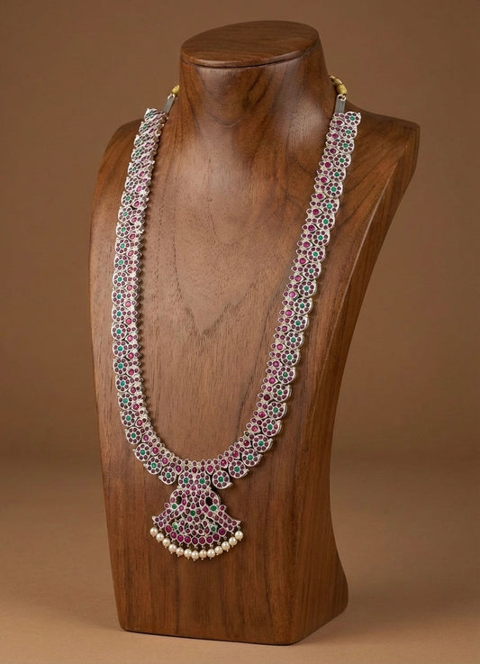 Silver tone precious kemp-green white pearl mango peacock haar Dj-52529