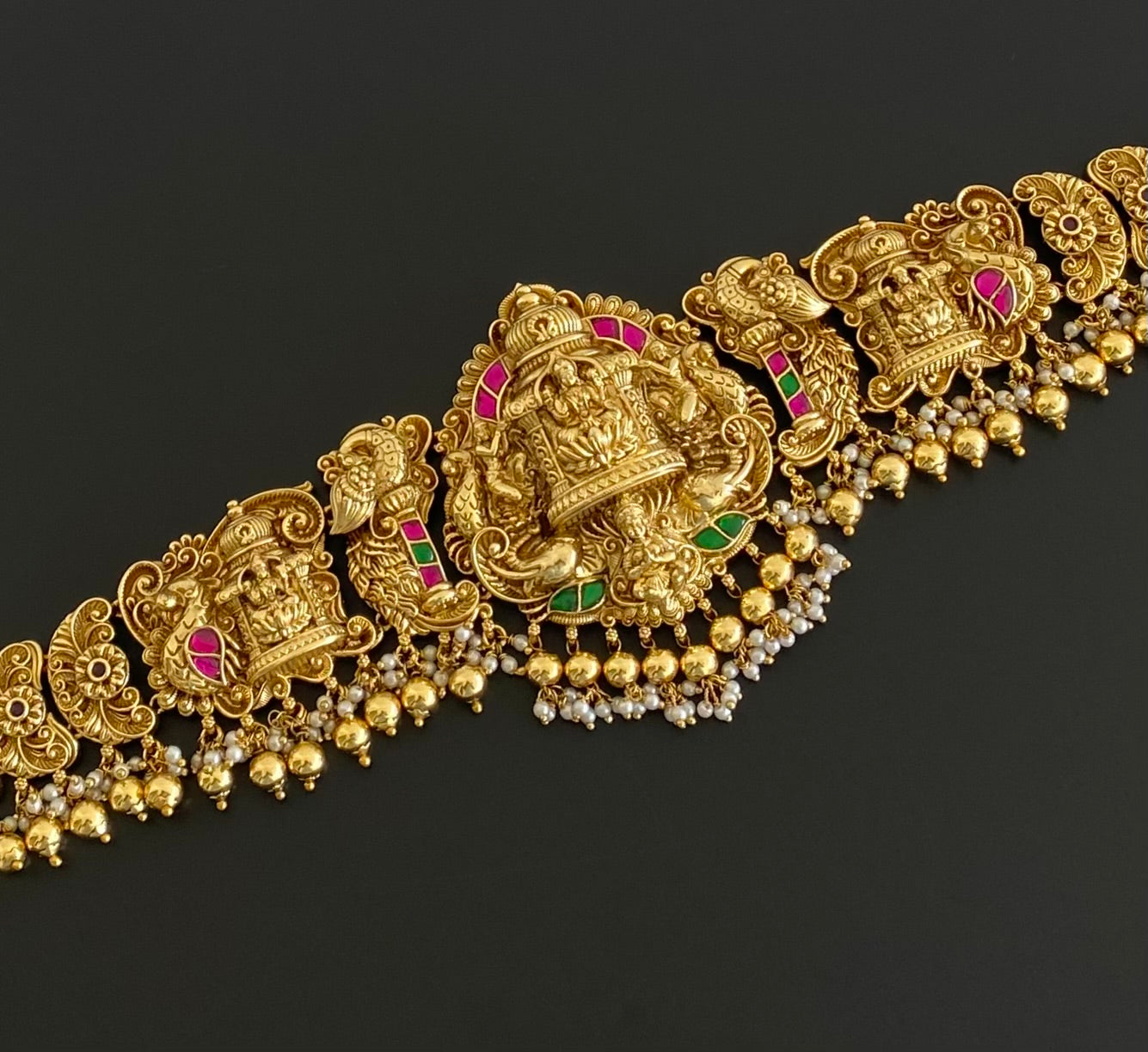 Antique gold tone kemp-green kundan lakshmi peacock waist chain dj-53526
