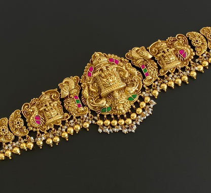 Antique gold tone kemp-green kundan lakshmi peacock waist chain dj-53526