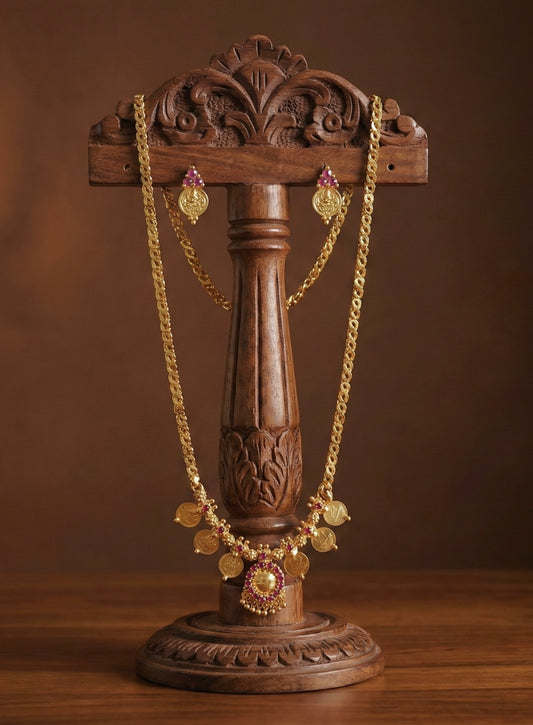 Gold tone 24 inches chain with pink lakshmi coin pendant set dj-52633