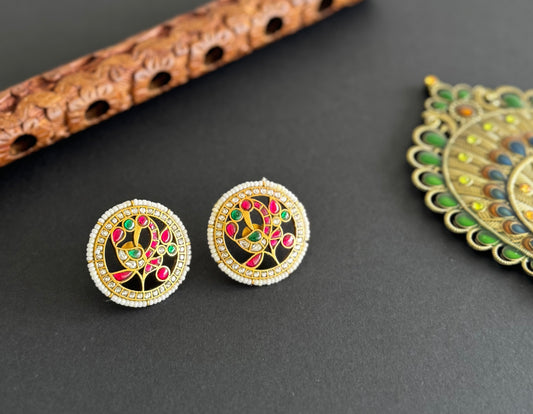 Gold tone pink-white kundan jadau peacock round big stud/earrings dj-51499