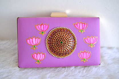 Tanjore painted purple silk clutch dj-52656
