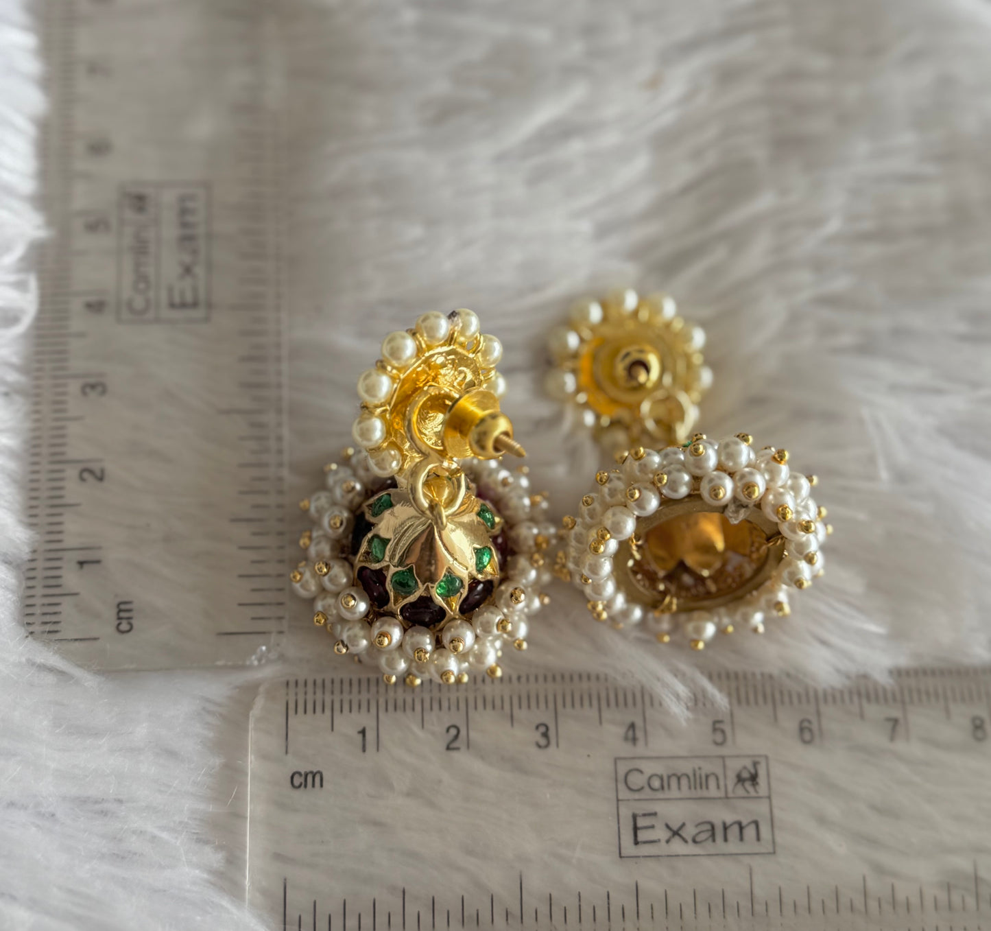 Gold tone precious kemp-green pearl jhumkka dj-51478