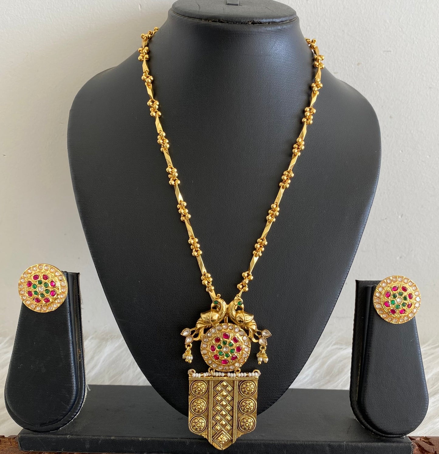 Antique gold tone Kundan jadau peacock chain with pendant set dj-53853