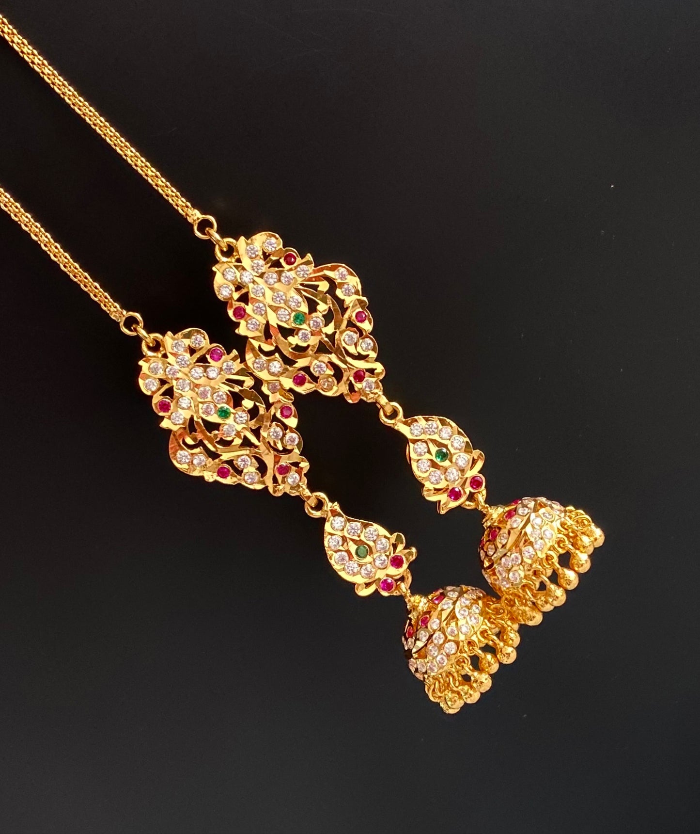 Gold tone AD pink-green south Indian mango jhumkka with ear side chain dj-53689
